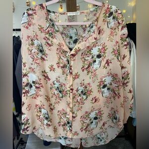 A'GACI semi-sheer floral print blouse with a pattern of pink roses and skulls